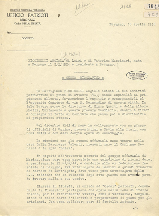 Relazione dell'Ufficio Patrioti sull’attività partigiana di Angiola Piccinelli, Bergamo 18 aprile 1946