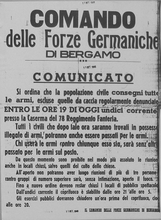 Comunicato del Comando delle forze germaniche a Bergamo dell’11 settembre 1943 che intima la consegna delle armi e introduce il coprifuoco