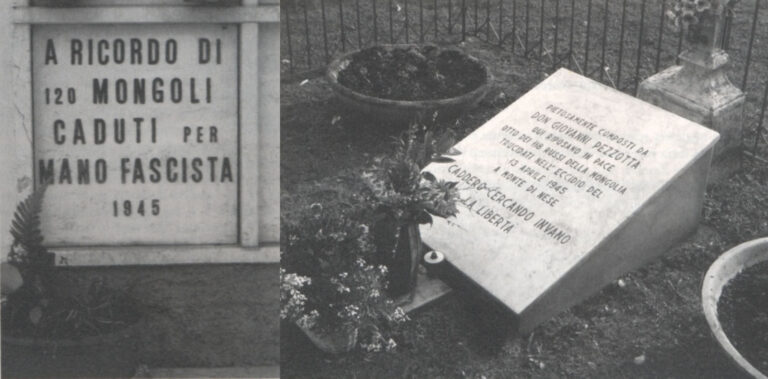 Cimitero di Nese. A sinistra il loculo dove furono raccolti i resti degli oltre cento soldati uccisi. A destra la lapide posta sulla fossa comune dove furono raccoltini resti degli otto soldati fucilati alla Busa