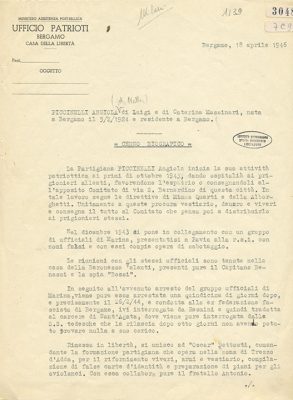 Relazione dell'Ufficio Patrioti sull’attività partigiana di Angiola Piccinelli, Bergamo 18 aprile 1946