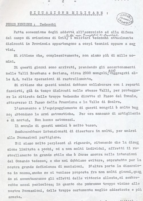 "Situazione militare", relazione C.L.N. Corpo Volontari Della Libertà Comando operativo Zona di Bergamo all Comando Regionale Lombardo