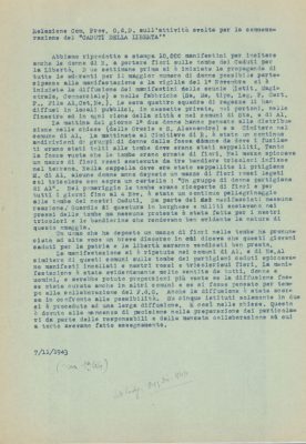 Relazione dei Gruppi di difesa della donna sulla manifestazione ai Caduti per la libertà organizzata per il 4 novembre 1944, datato in modo errato 7 novembre 1943 ma in realtà 1944