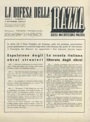 "La difesa della razza”, 5 settembre 1938