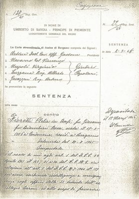 Prima pagina della Sentenza della  Corte d’assise di Bergamo contro Clelia Fioretti in Bossi, 4 marzo 1946